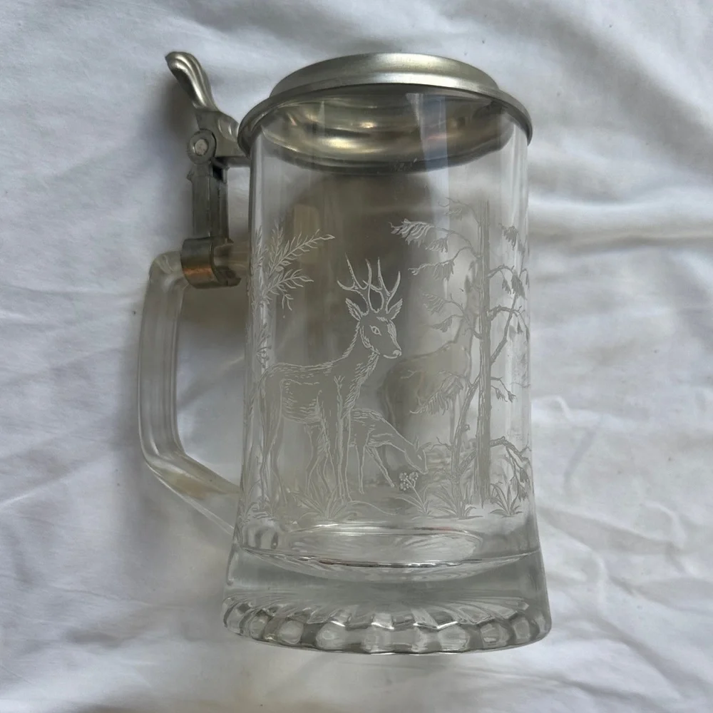 Vintage West Germany Glass Beer Stein with Etched Rustic Deer Scene by ALWE